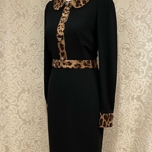 Dolce & Gabbana Long sleeve black with Leopard Trim Cady Dress, size 42, US 4-6 - Picture 7 of 16